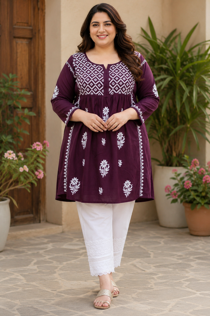 Wine Rayon Chikankari Short Kurta -Custom Made