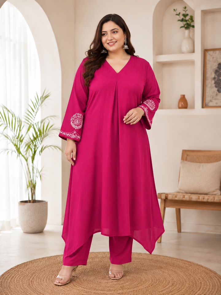 Rani Pink A-line Chanderi Chikankari Kurta pant set-Custom made