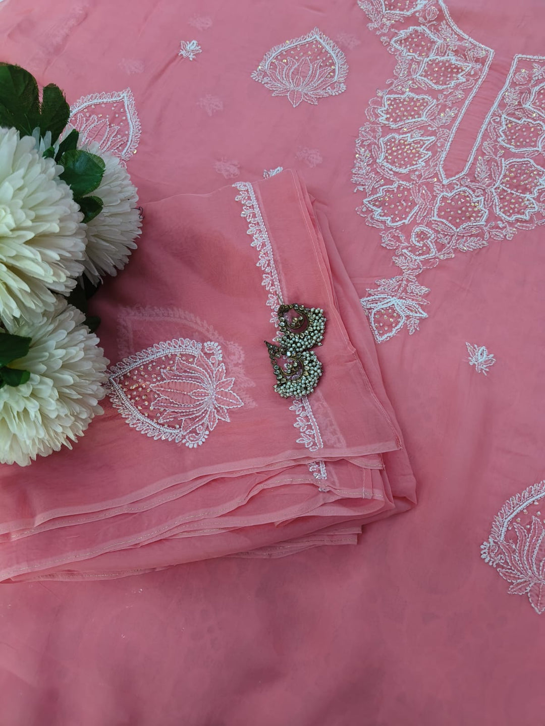 Peachy rose organza Chikankari Kurta Duppata Fabric