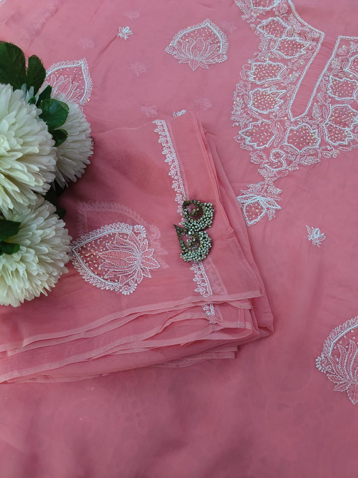 Peachy rose organza Chikankari Kurta Duppata Fabric