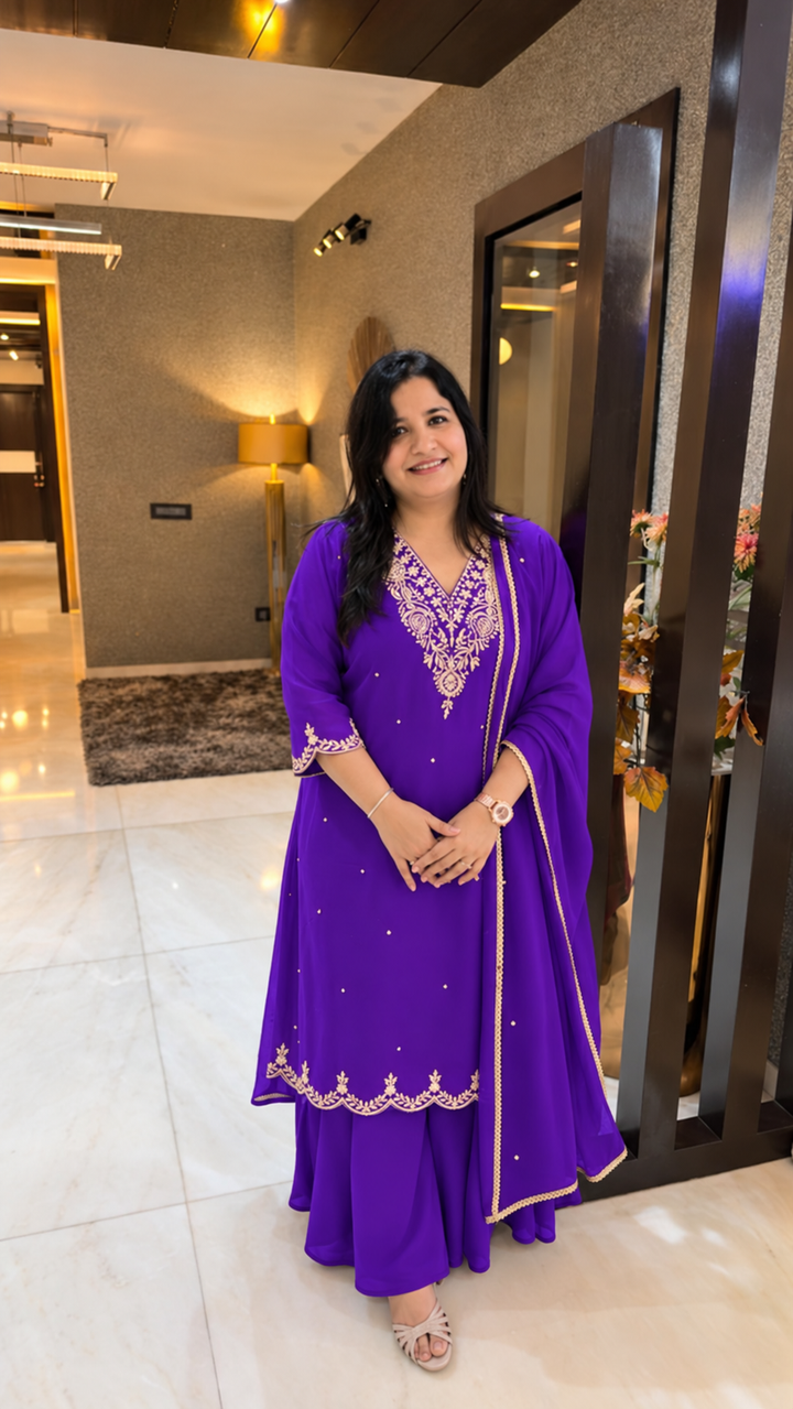 Purple Georgette embroidered suit Set-Custom Made