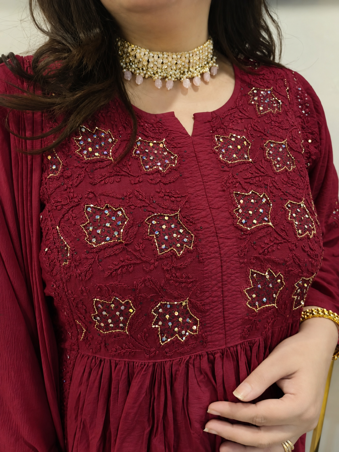 Wine Chanderi Chikankari Suit Set