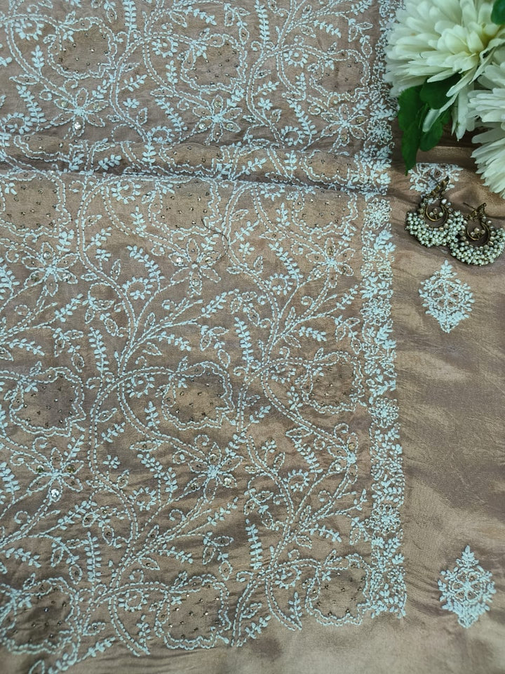 Champagne Beige soft tissue Chikankari Kurta Dupatta Fabric