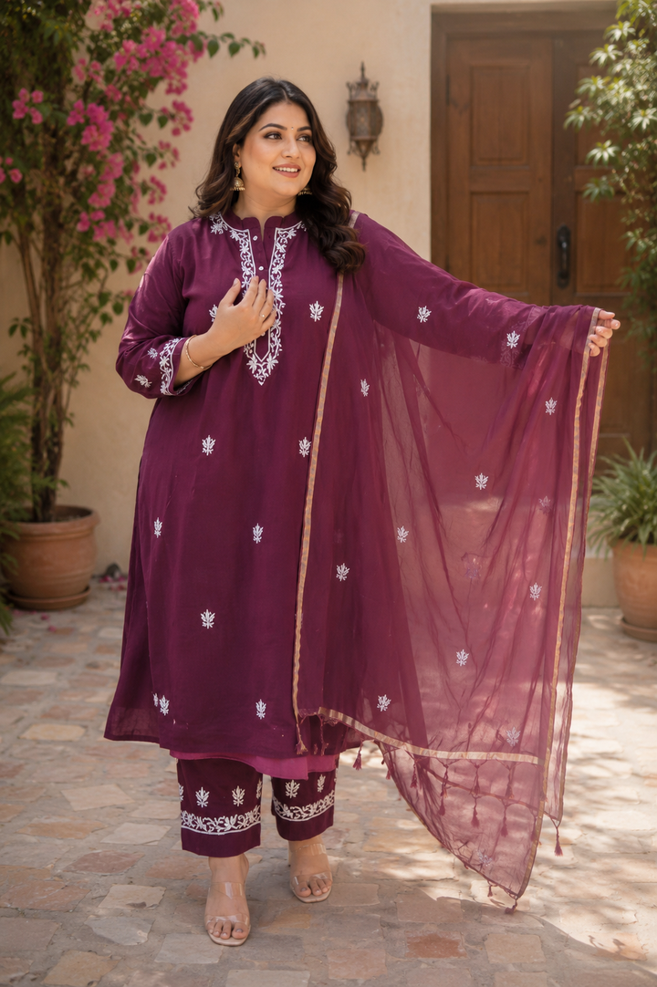 Wine Chanderi Chikankari Suit Set -Custom Made