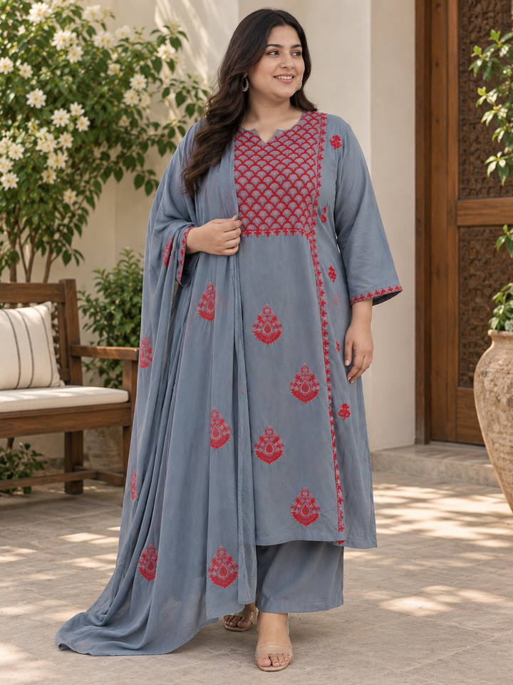Dark Grey Rayon A-line Chikankari Suit Set