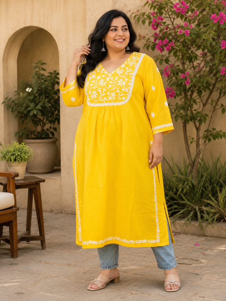 Yellow Rayon Chikankari kurta -Custom Made