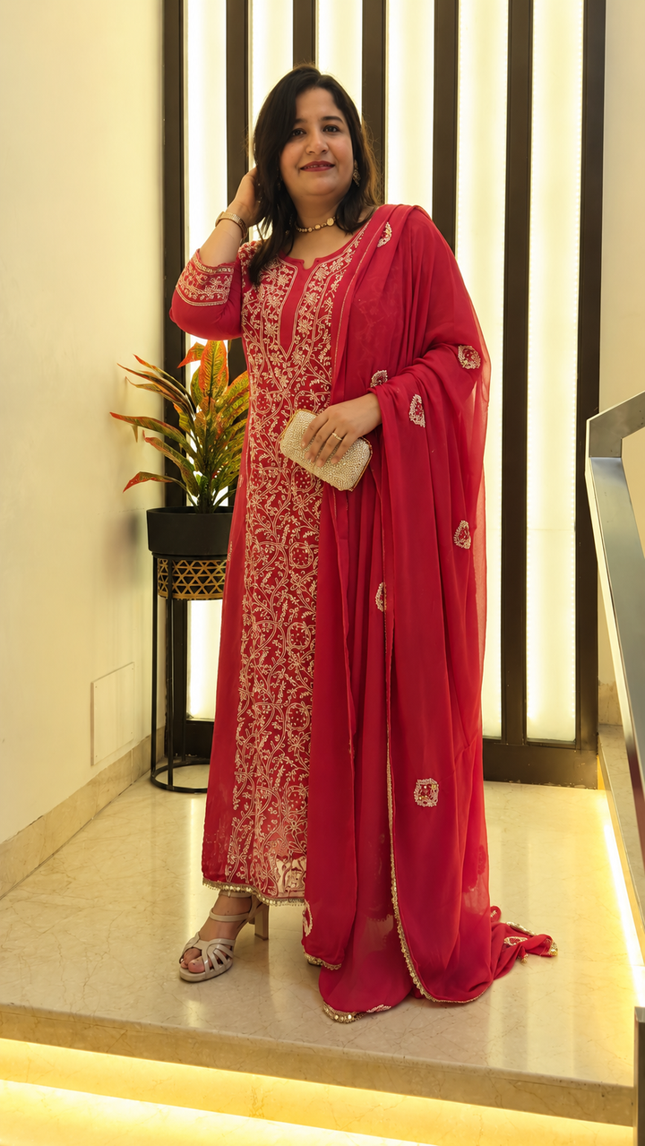 Dark pink Georgette Chikankari A-line Set- Custom Made