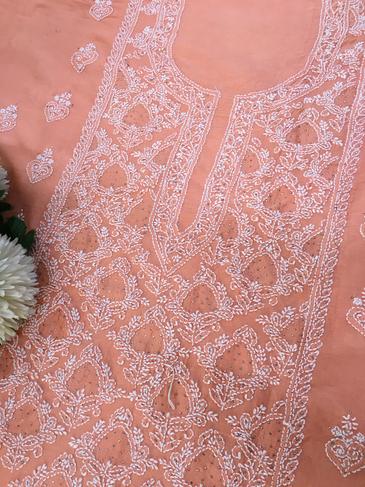 Orange Chanderi Chikankari kurta duppata Fabric