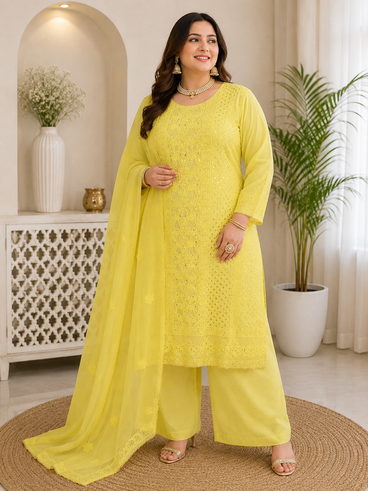 Yellow Pure Georgette Chikankari Kurta duppata fabric -Custom Made