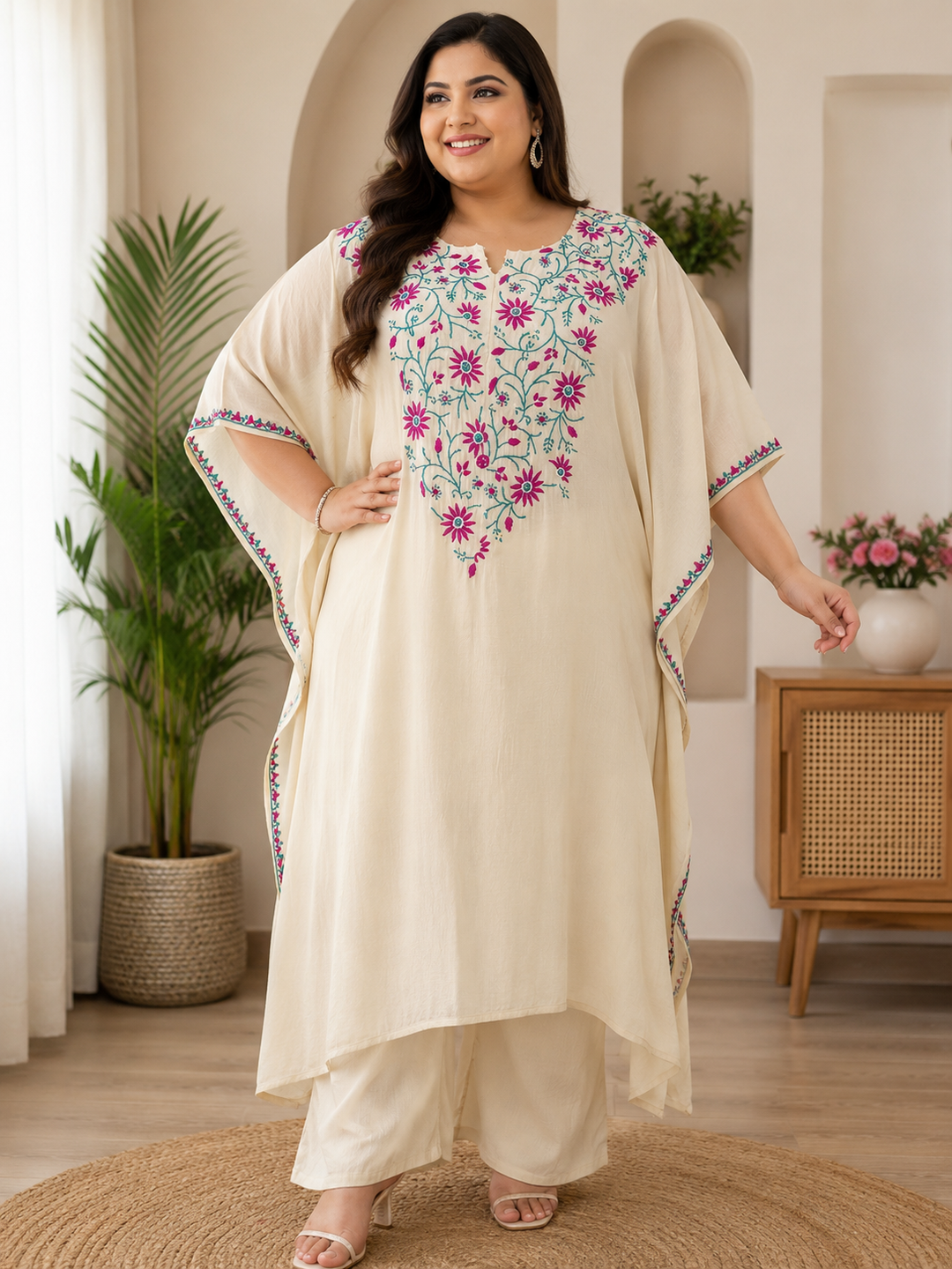 Ivory Chanderi Chikankari kaftan set-Custom Made