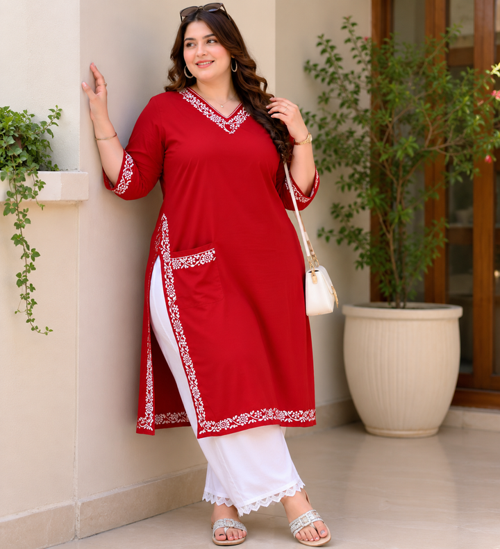 Pocket Style Red  Rayon Chikankari Kurta-Custom Made