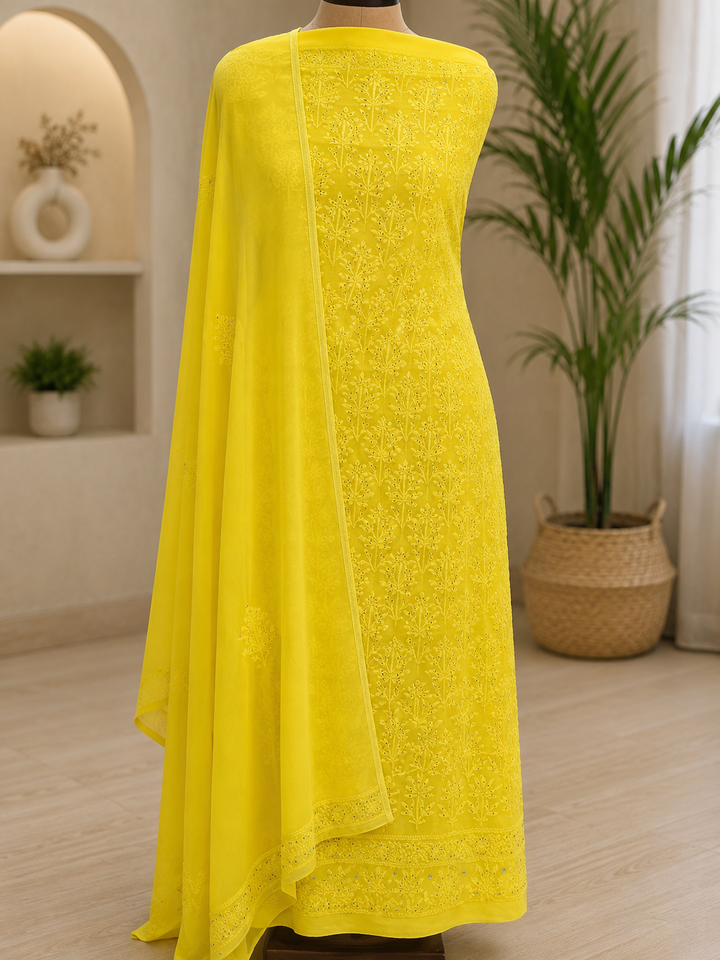 Yellow Georgette Chikankari Kurta duppata Fabric