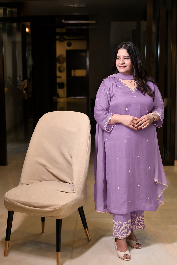 Mouve Georgette Embroidered Suit Set-Custom Made