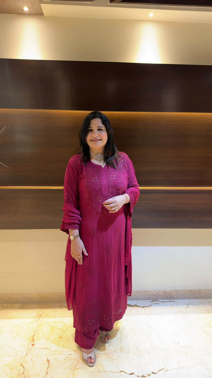 Burgundy Chikankari Georgette Suit Set-Custom Made