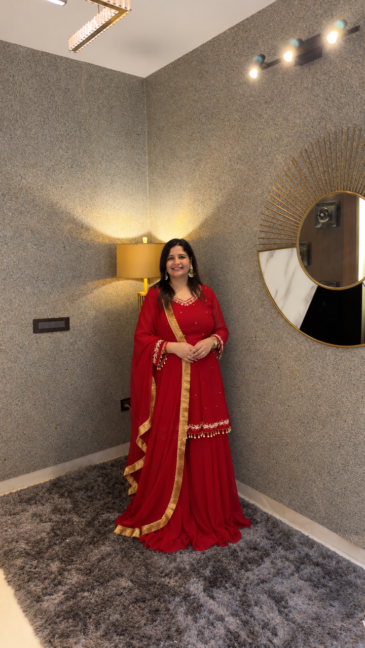 Maroon Georgette embroidered Kurta Plazzo set -Custom Made
