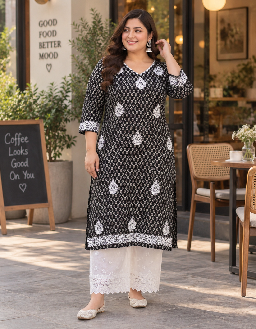 Black Printed Cotton Chikankari kurta