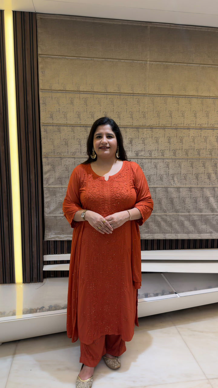 Rust Rayon Chikankari Suit Set-Custom Made