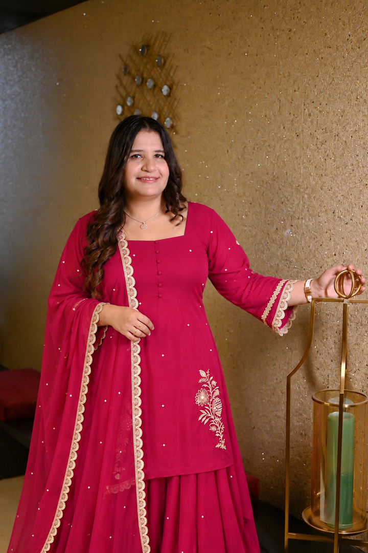 Rani Pink Georgette kurta plazzo set -Custom Made