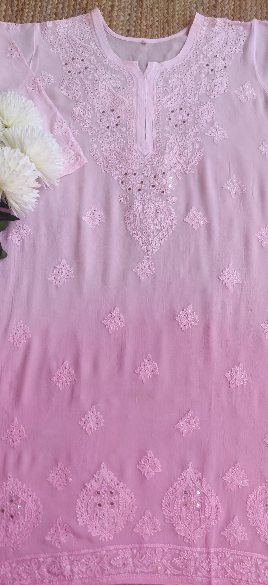 Pink Ombre Pure Georgette Chikankari Kurta