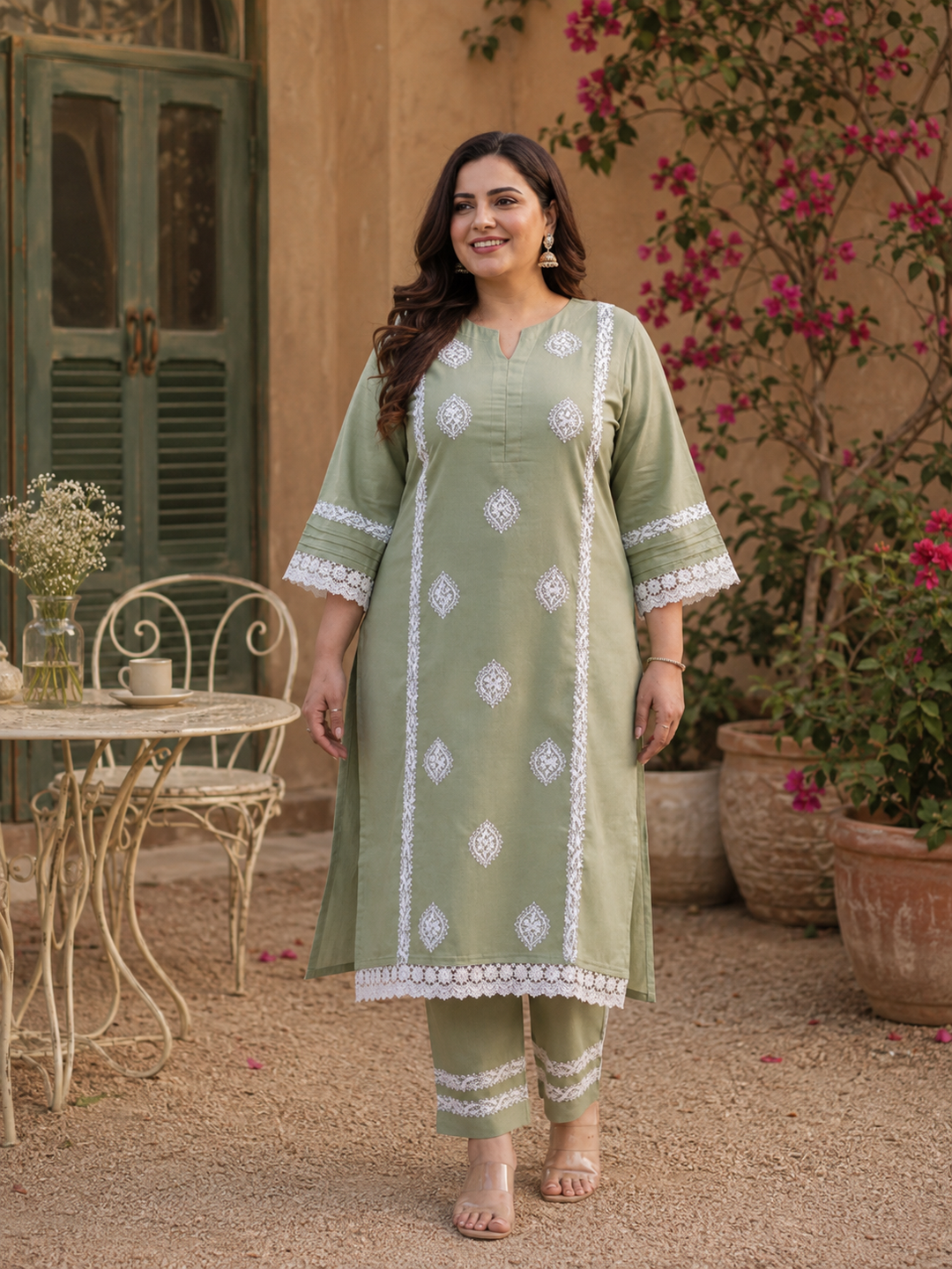 Light Green Chikankari kurta with pant Set