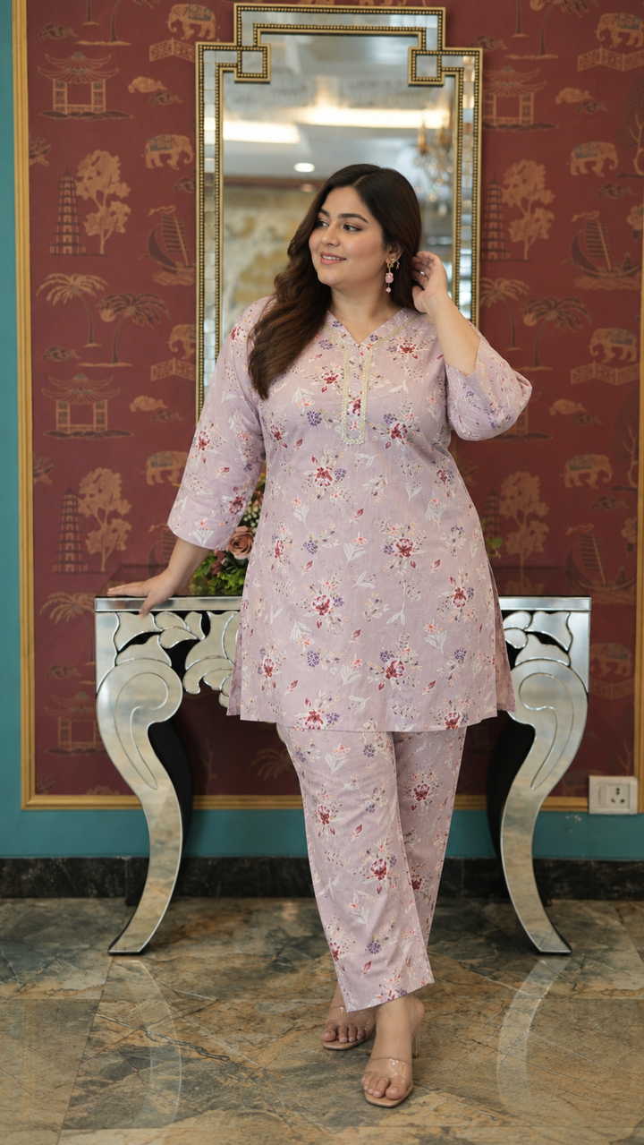 Light Mouve Printed Modal Cotton Kurta With Pant Set