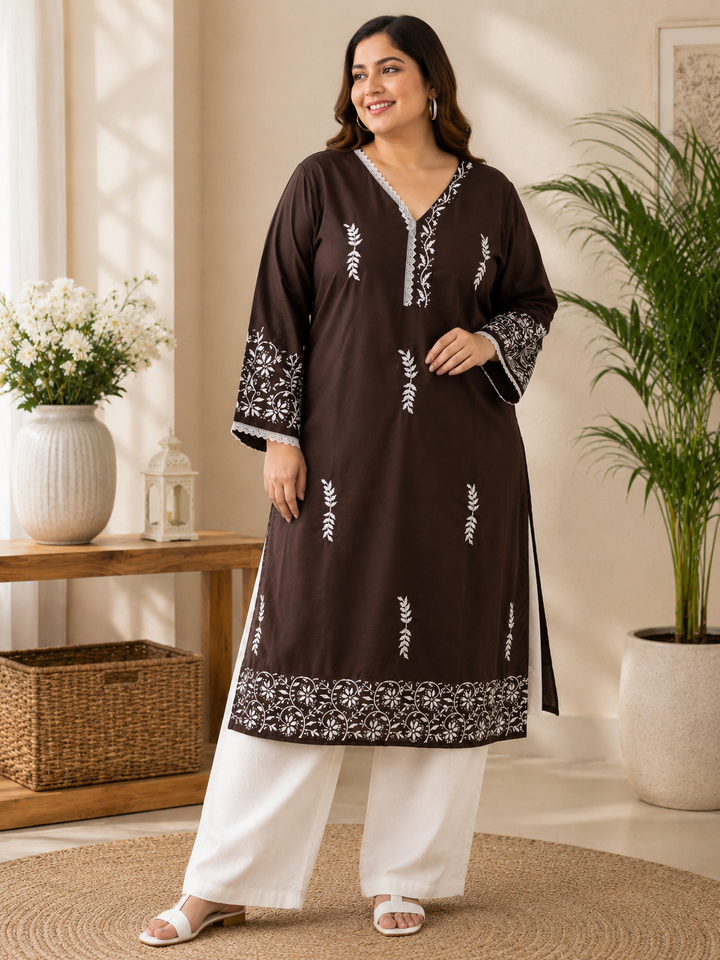 Linen Brown Chikankari Kurta