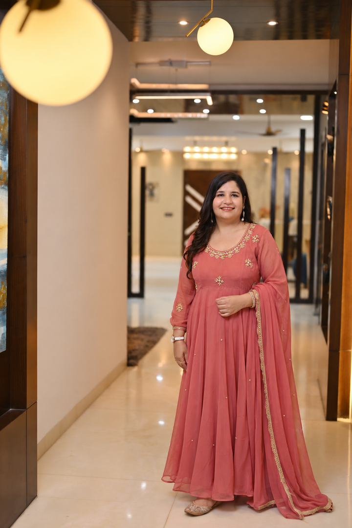 Rust Georgette anarkali dupatta set -Custom Made
