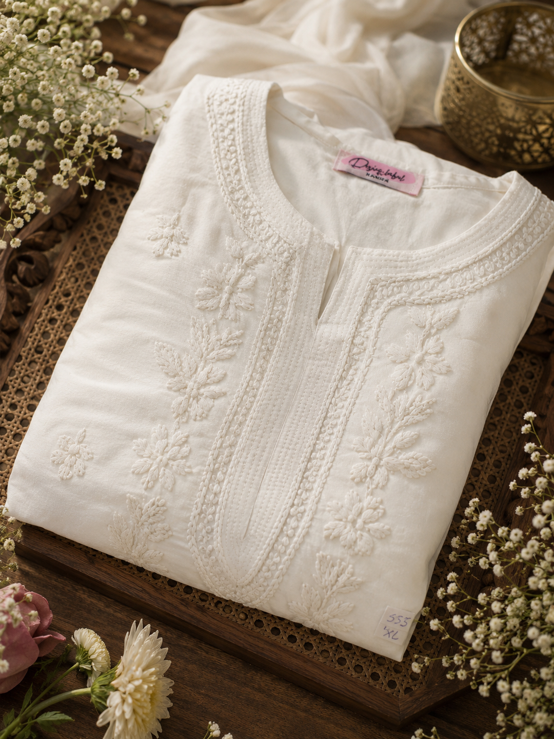 White Rayon Chikankari Kurta pant set - Custom Made