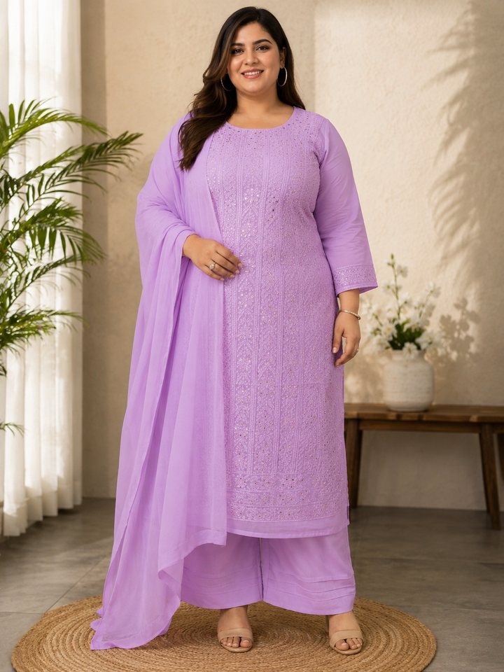 Lavender Pure Georgette Chikankari Kurta Duppata Fabric