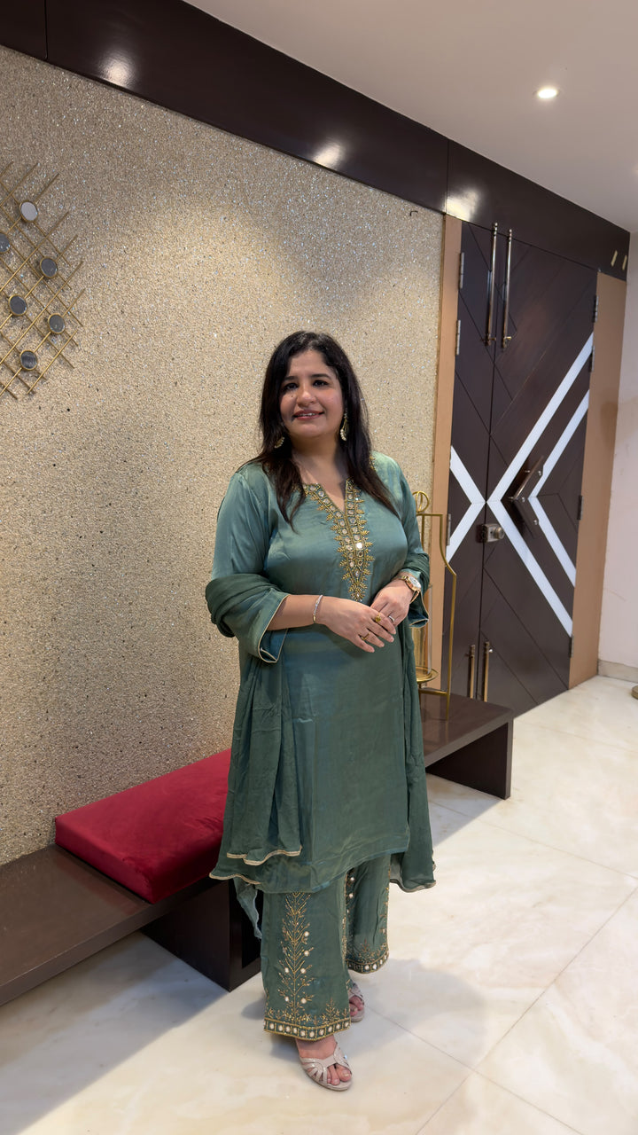 Green Hand Embroidered Suit Set -Custom Made