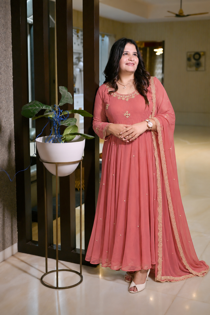 Rust Georgette anarkali dupatta set -Custom Made