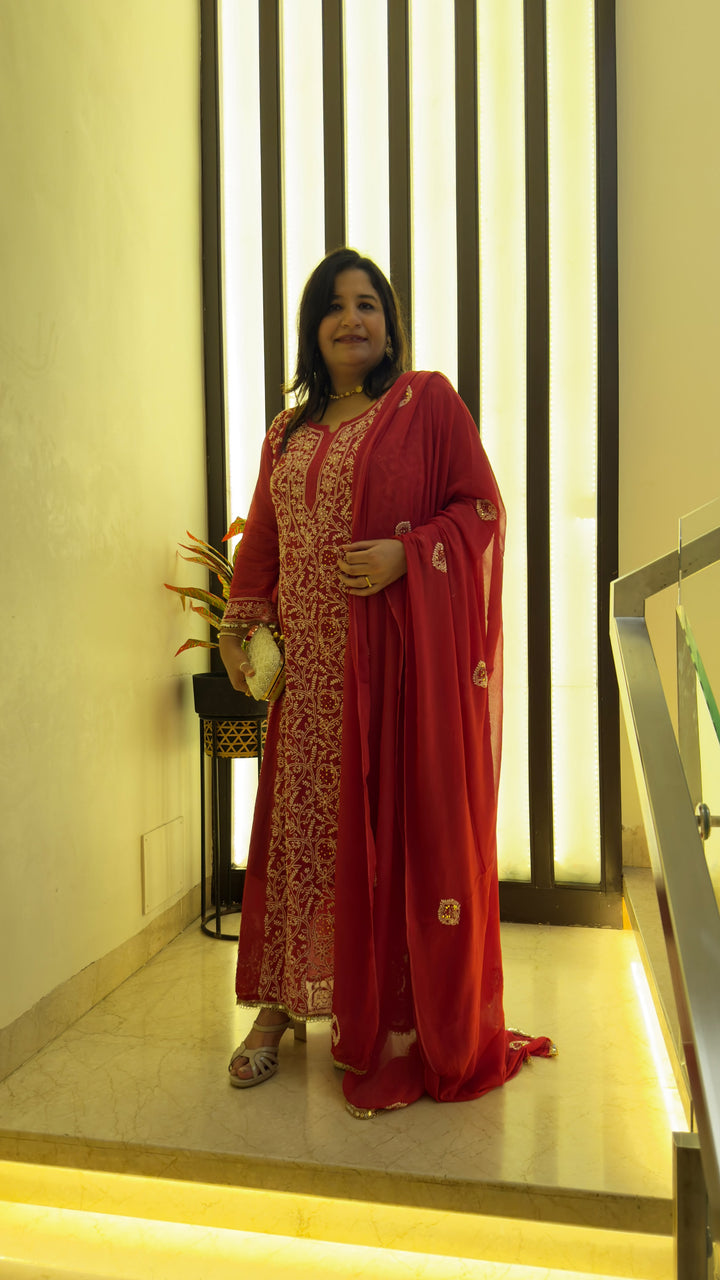 Dark pink Georgette Chikankari A-line Set- Custom Made