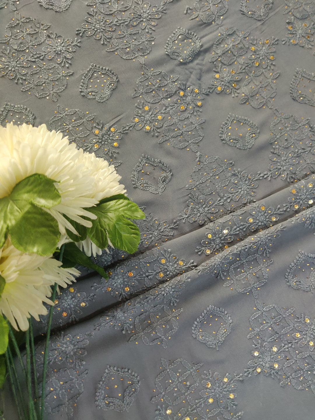 Grey Pure Georgette Chikankari Kurta Dupatta Fabric