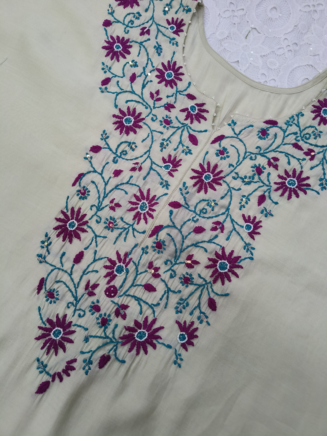 Ivory Chanderi Chikankari kaftan set-Custom Made