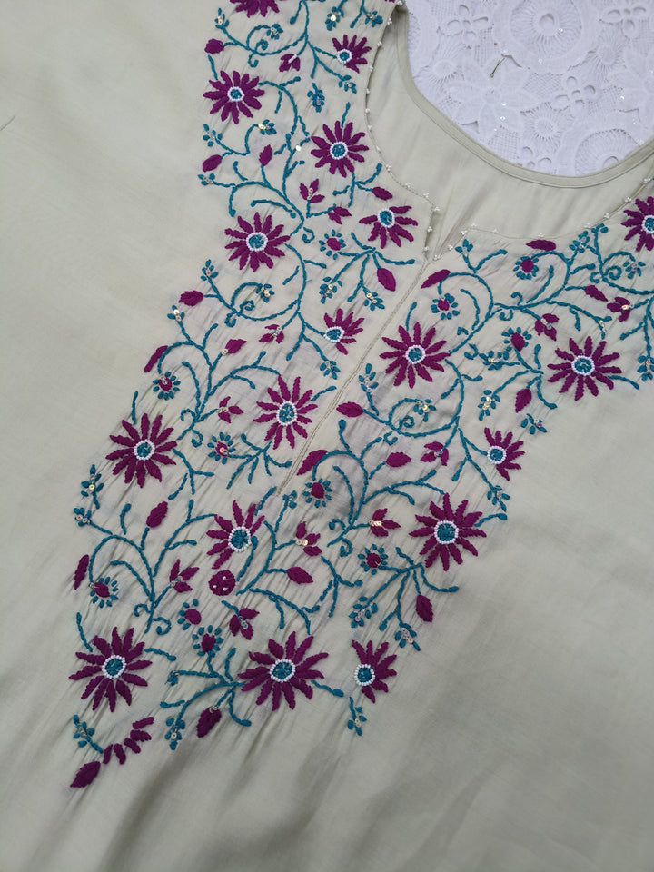 Ivory Chanderi Chikankari kaftan set-Custom Made