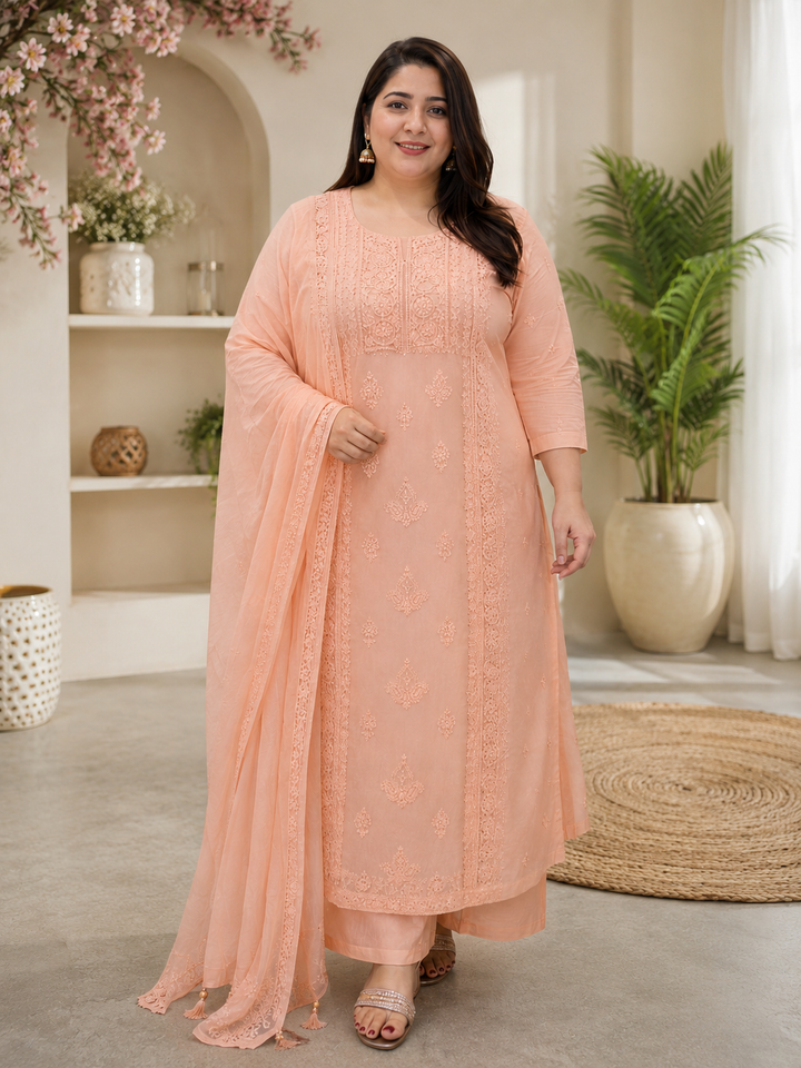 Peach Georgette Chikankari Kurta Duppata set Fabric -Custom Made