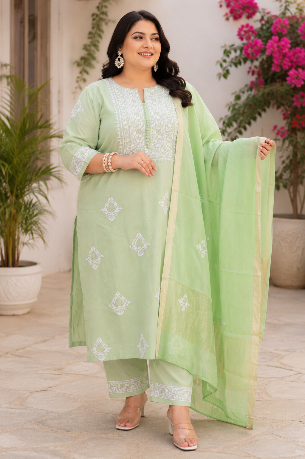 Sea Green Chanderi Chikankari Suit Set -Cuatom Made