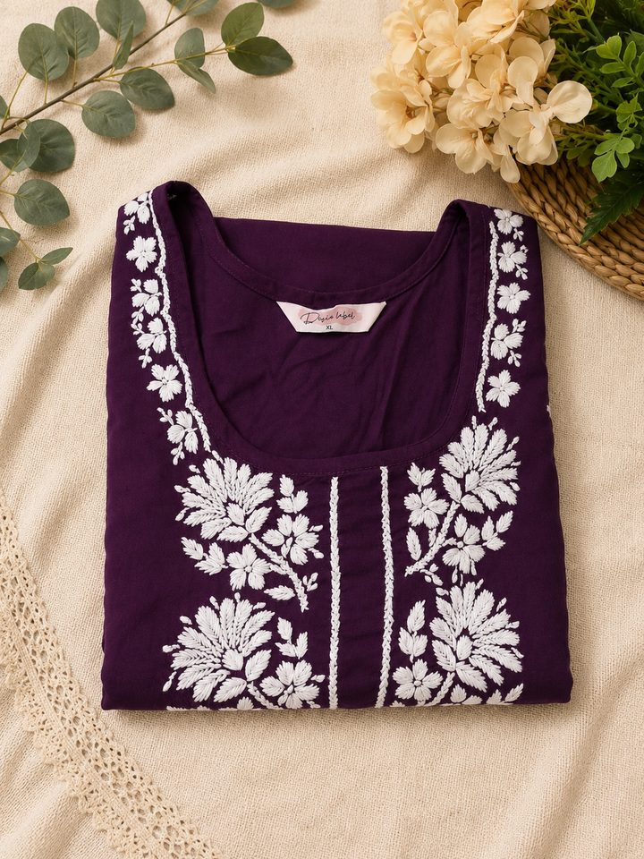 Wine Rayon Chikankari short kurta-Custom Made