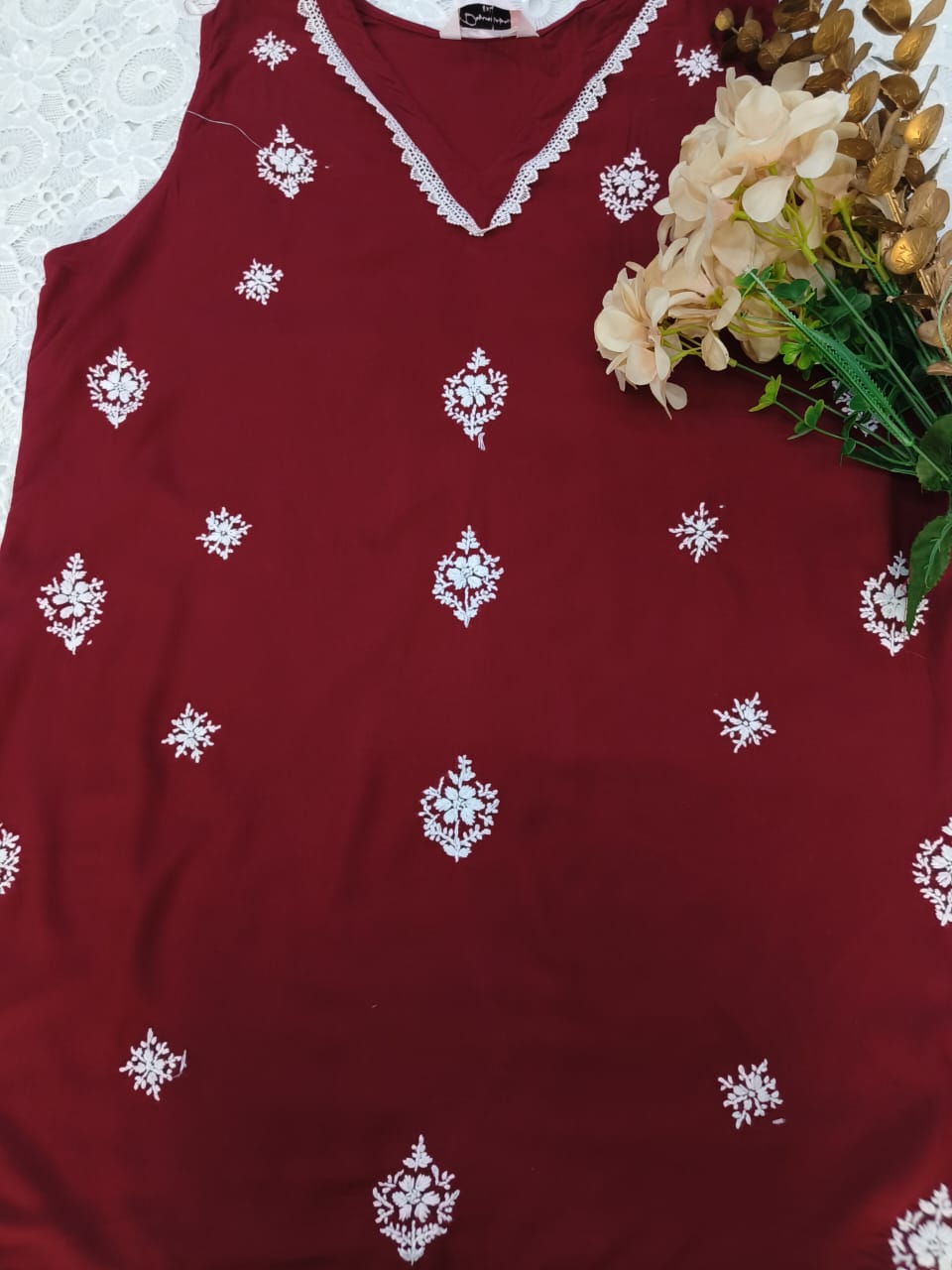 Maroon rayon Chikankari short kurta
