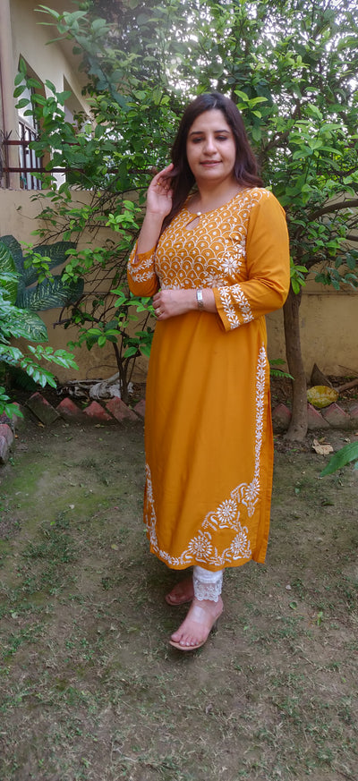 Mustard Reyon Chikankari Kurta -Custom Made