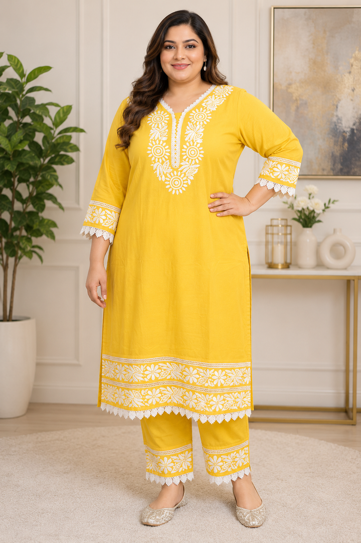 Yellow Rayon Chikankari Kurta Pant Set
