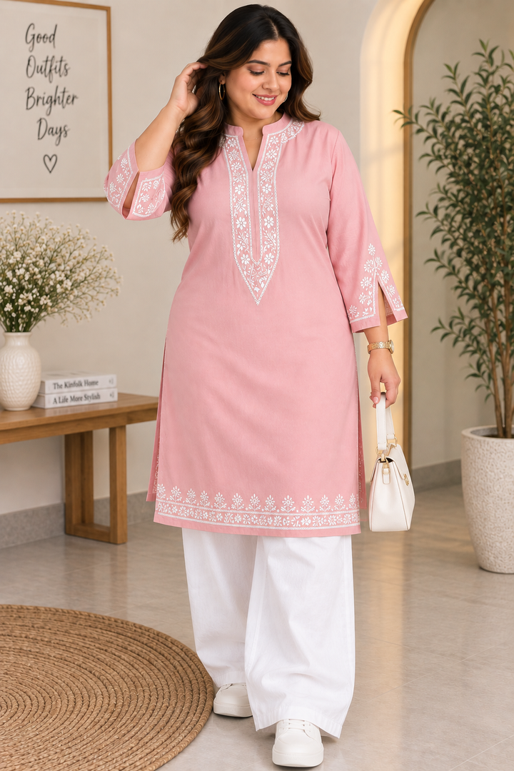 Peach Rayon chikankari short kurta