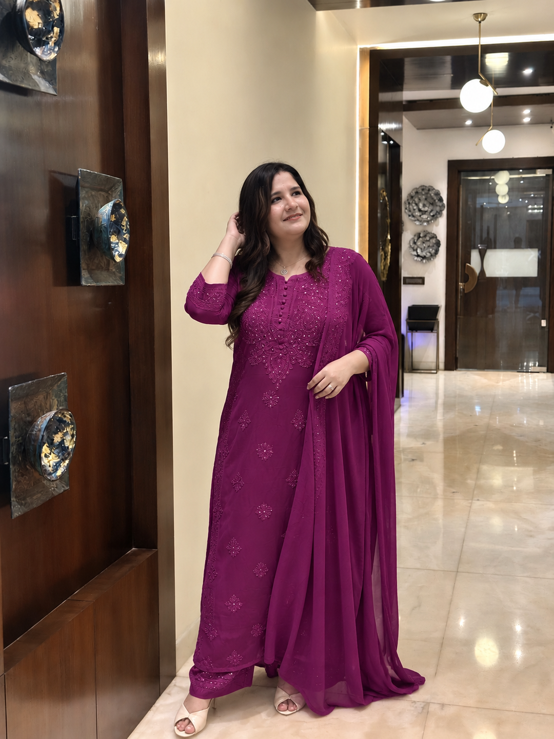 Purple Chikankari Georgette Suit Set-Custom Made