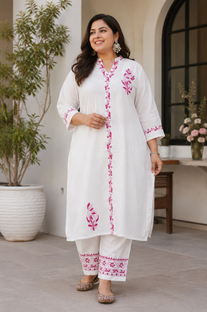 White Chanderi Chikankari Kurta With Pant Set -Custom Made