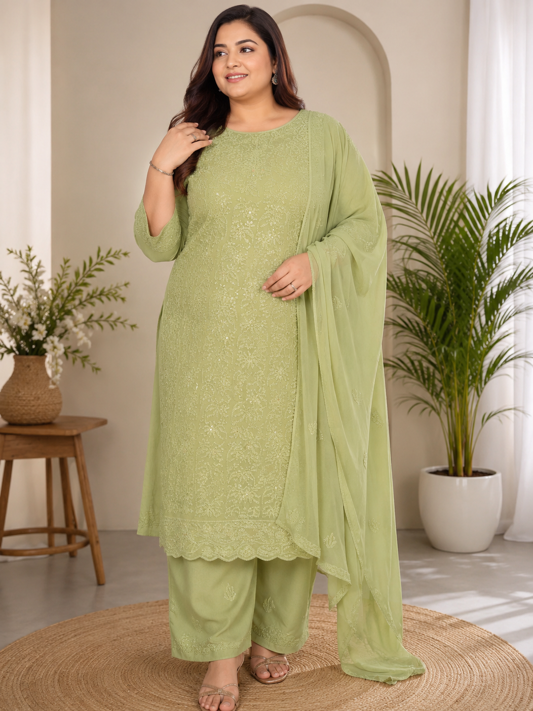 Sage Green Pure Georgette Chikankari Kurta duppata fabric - Custom made