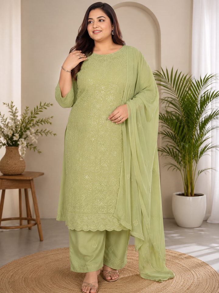 Sage Green Pure Georgette Chikankari Kurta duppata fabric - Custom made