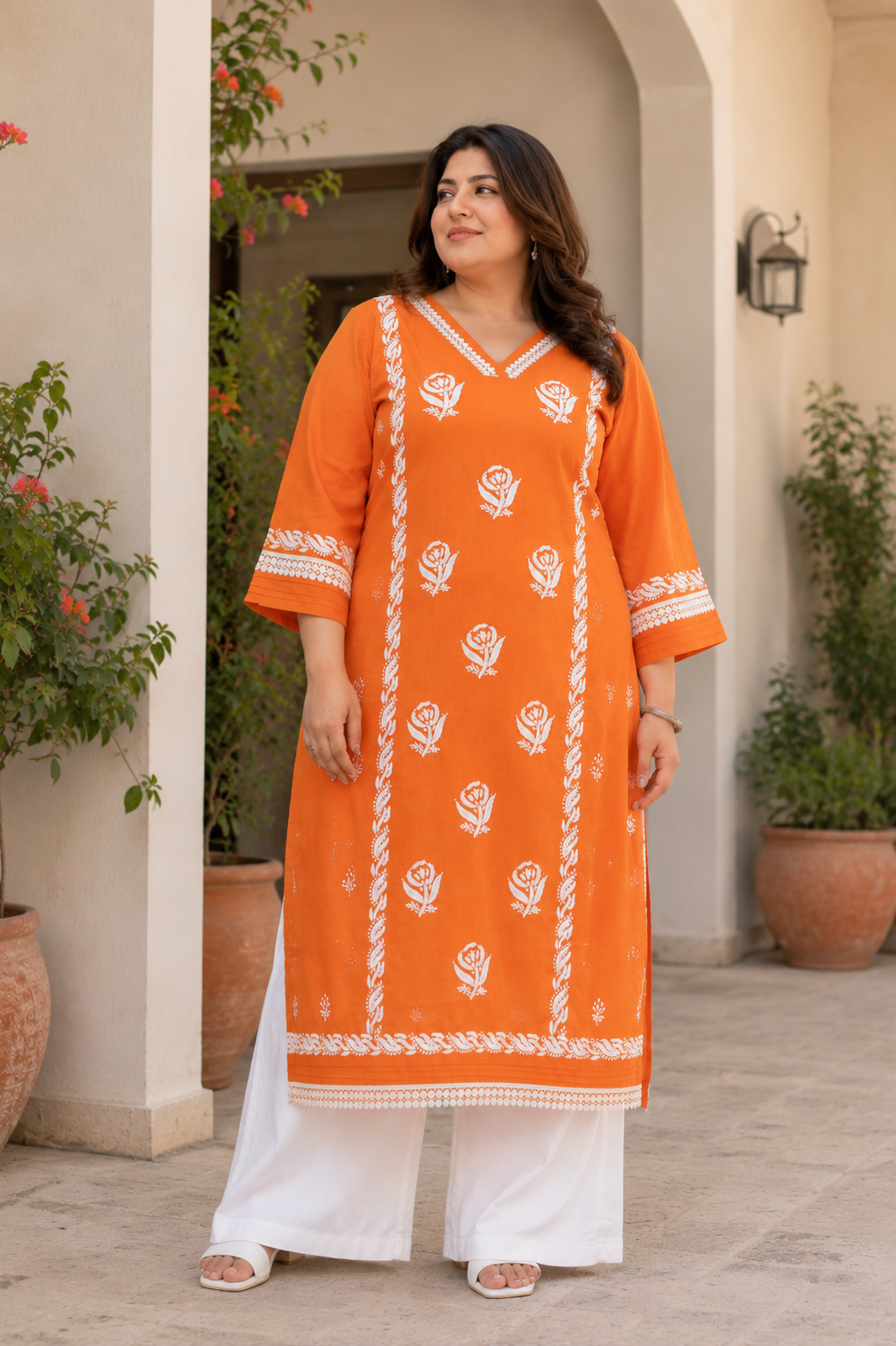 Linen Orange Chikankari kurta