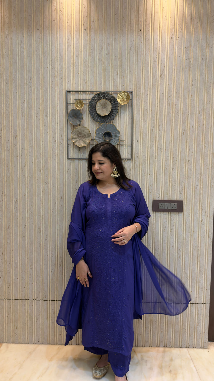 Royal Blue Rayon Chikankari Suit Set - Custom Made