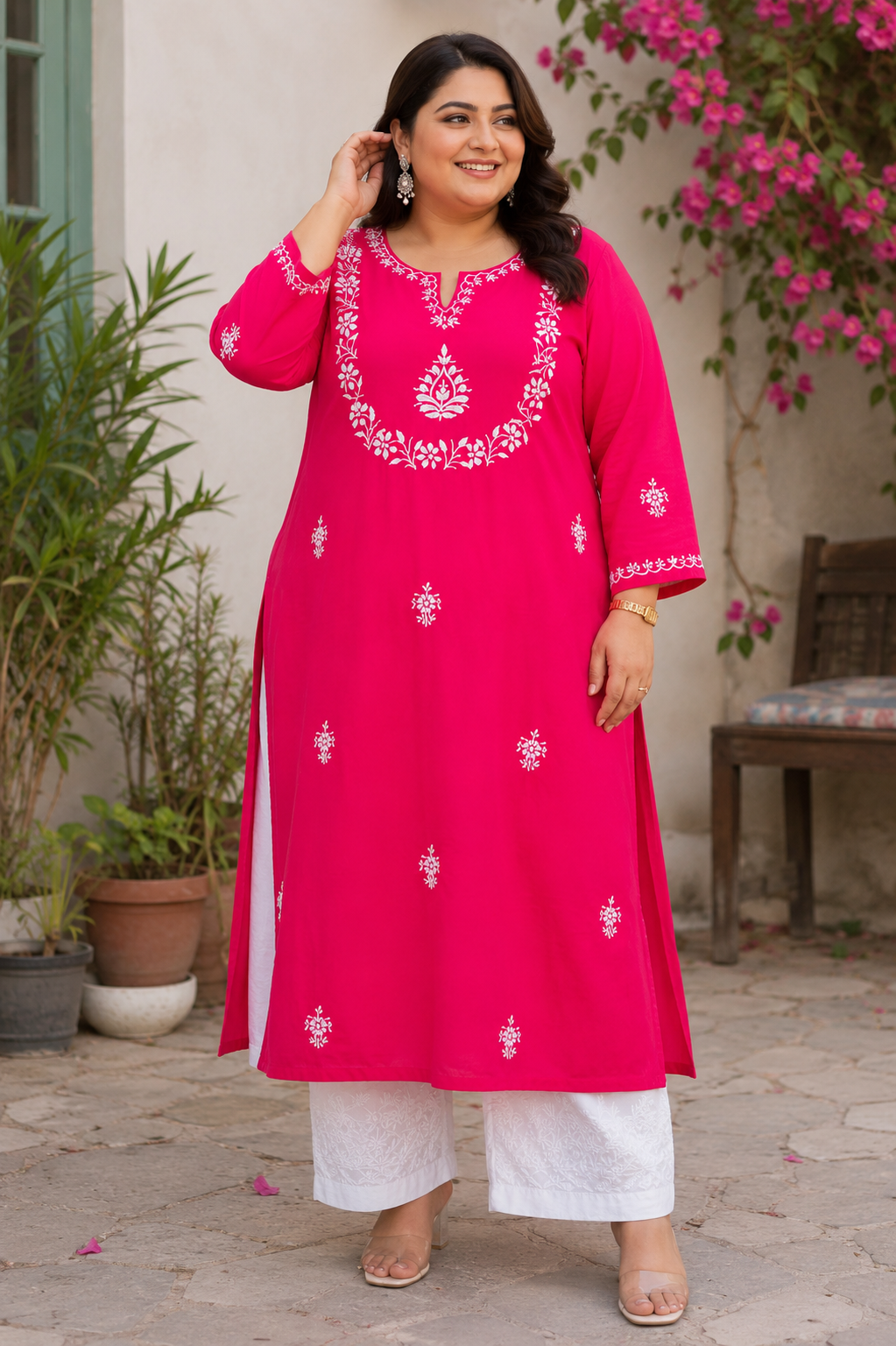 Rani Pink Rayon Chikankari Kurta-Custom Made