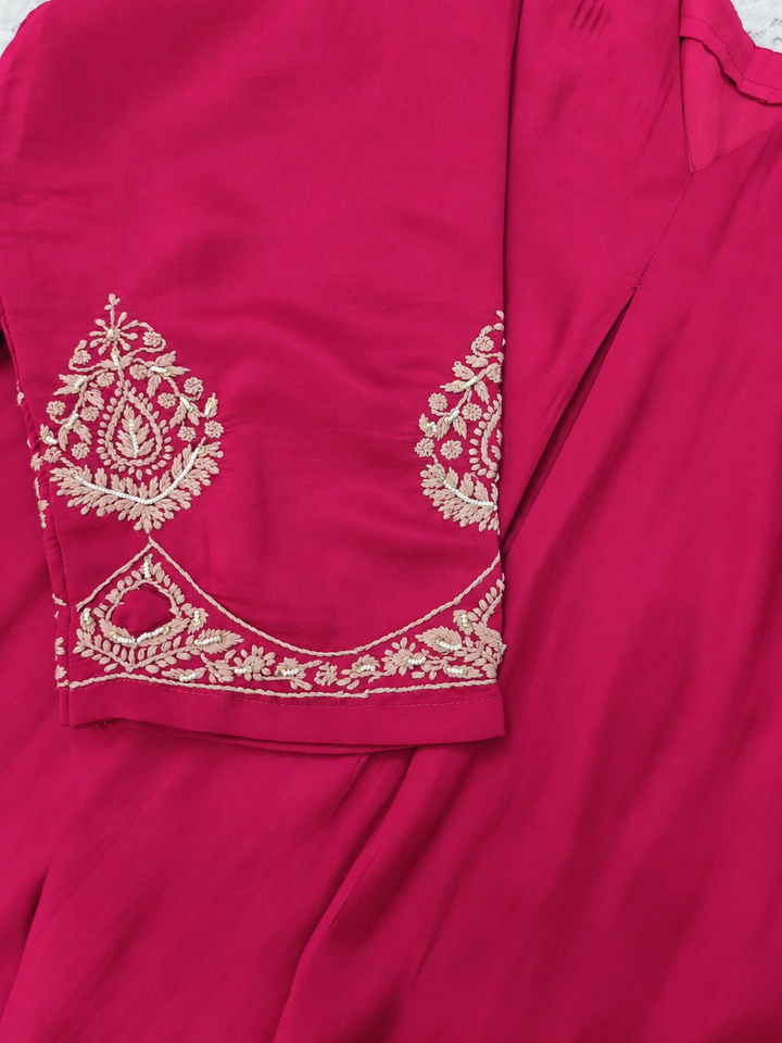 Rani Pink A-line Chanderi Chikankari Kurta pant set-Custom made